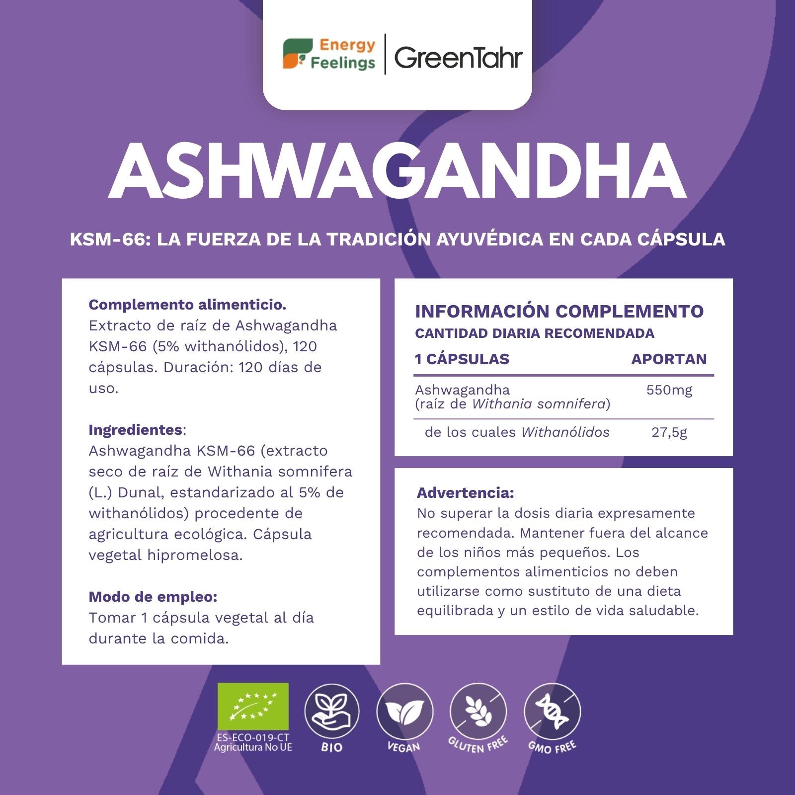 ASHWAGANDHA KSM66 ECO biodisponible - 120 cápsulas
