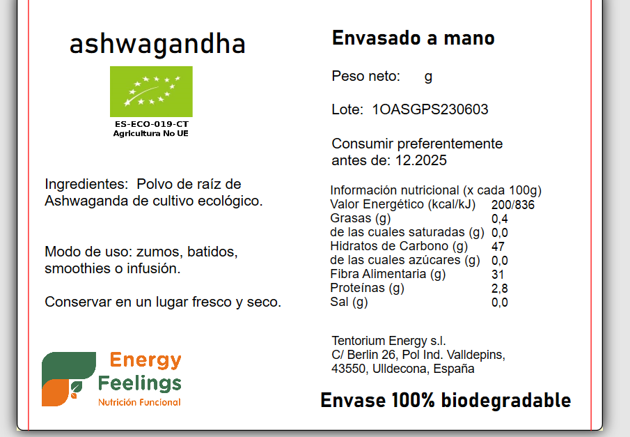 ASHWAGANDHA ECO A GRANEL