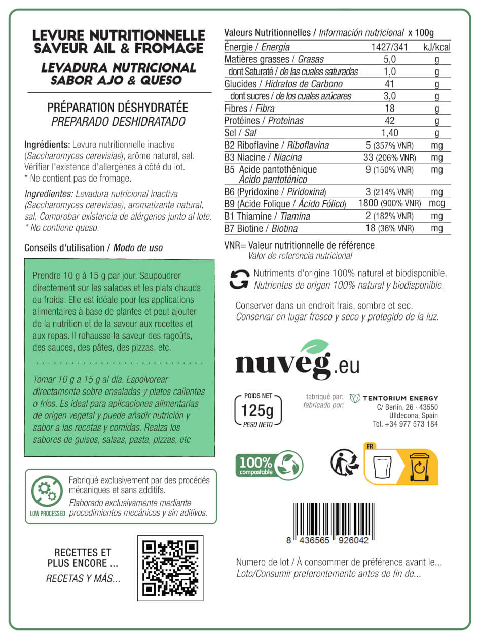 LEVADURA NUTRICIONAL SABOR AJO Y QUESO NUVEG (25 raciones)