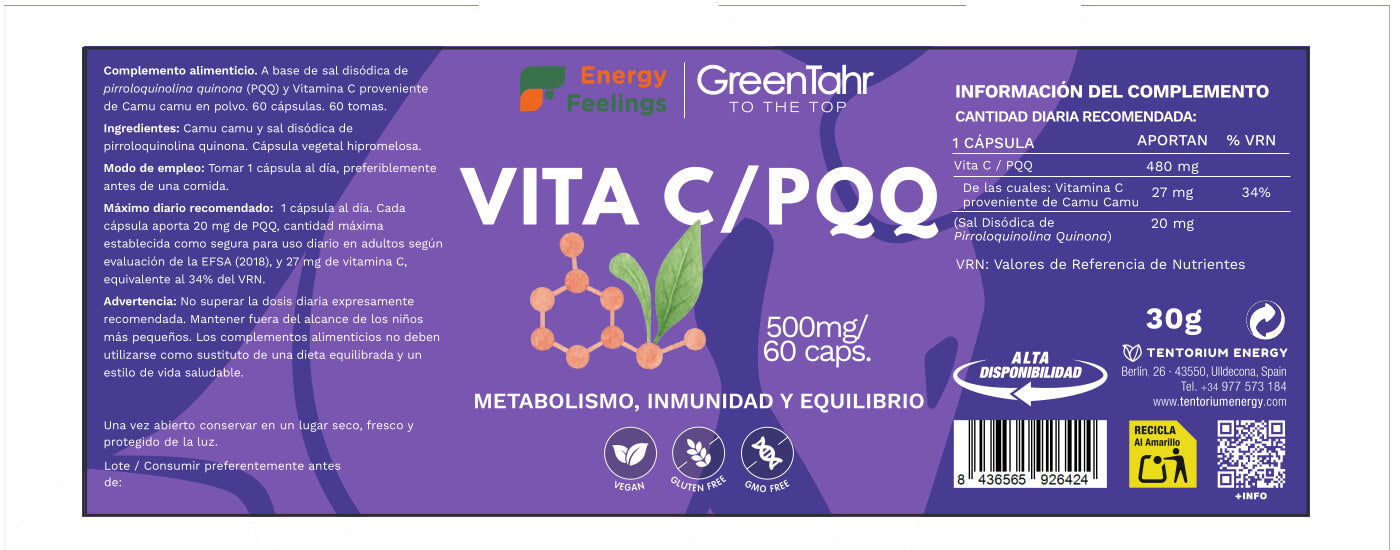 PQQ + VITAMINA C biodisponible - 60 cápsulas